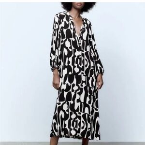 2 for $30 sale: Zara black white geometric midi dress. Long sleeve. L (read)